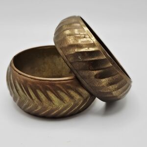 VINTAGE Brass Waved Large Statement Bangle Bracelet Set of Two